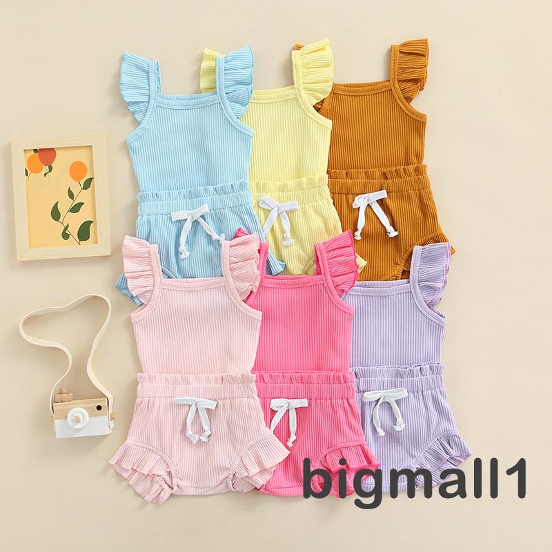Set Áo Liền Quần Tay Cánh Tiên + Quần Short Lưng Thun Màu Sắc Xinh Xắn Cho Bé Gái 0-24 Tháng Tuổi