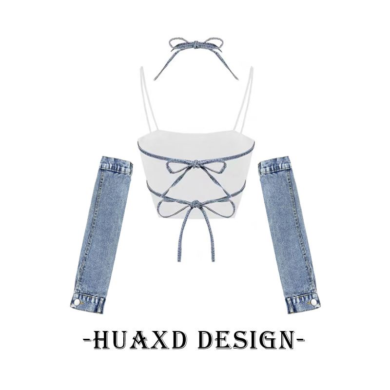 Millennium Áo Denim Hai Dây Cổ Yếm Hình Bướm Thiết Kế Ngọt Ngào Cho Nữ Y2K