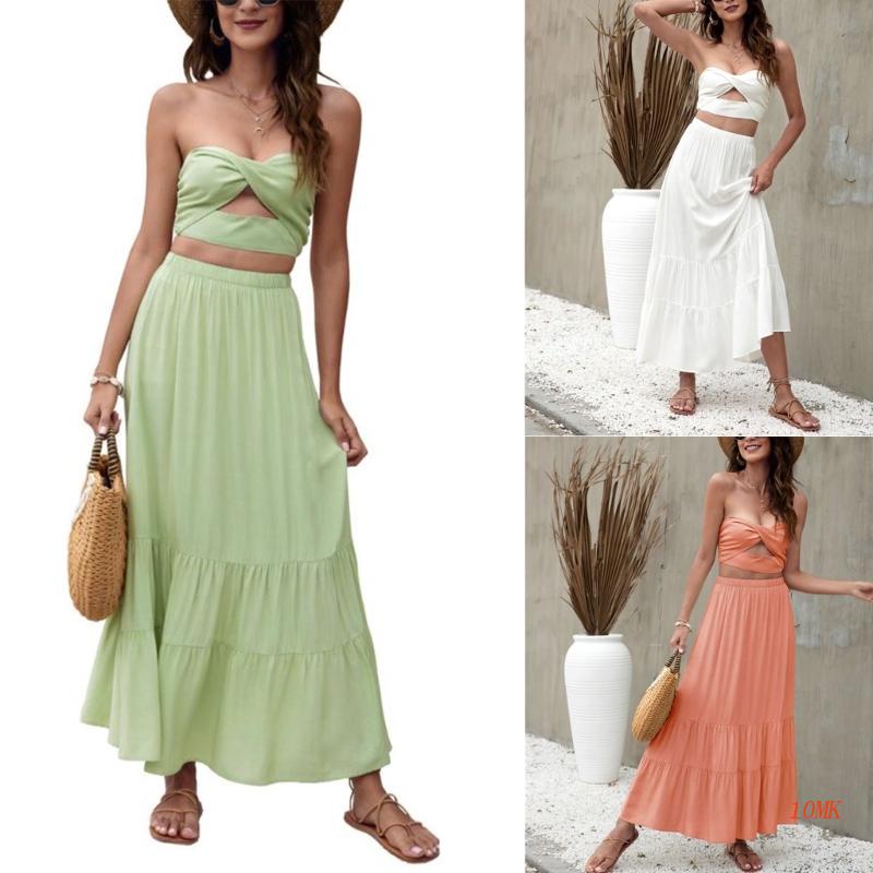 Set Đầm Maxi 2 Món Phối Bèo Nhún Thời Trang Mùa Hè Xinh Xắn Cho Nữ