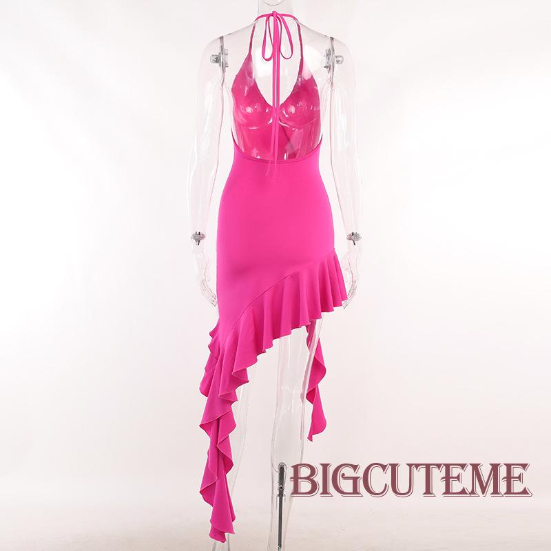 [] - Đầm Ngắn Không Tay Hở Lưng Nhún Bèo Không Đối Xứng Màu Đỏ Hoa Hồng Mùa Hè Cho Nữ