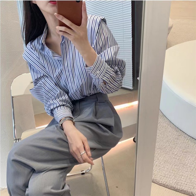 Áo sơ mi SUXI tay dài ống loe họa tiết kẻ sọc đơn giản phong cách cổ điển thời trang mùa xuân cho nữ