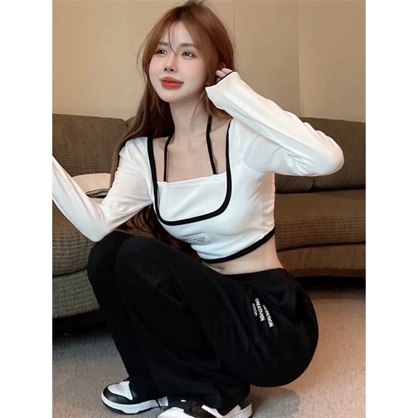 Áo croptop tay dài kèm yếm, dáng ôm body gợi cảm siêu xinh  GB alohashop91
