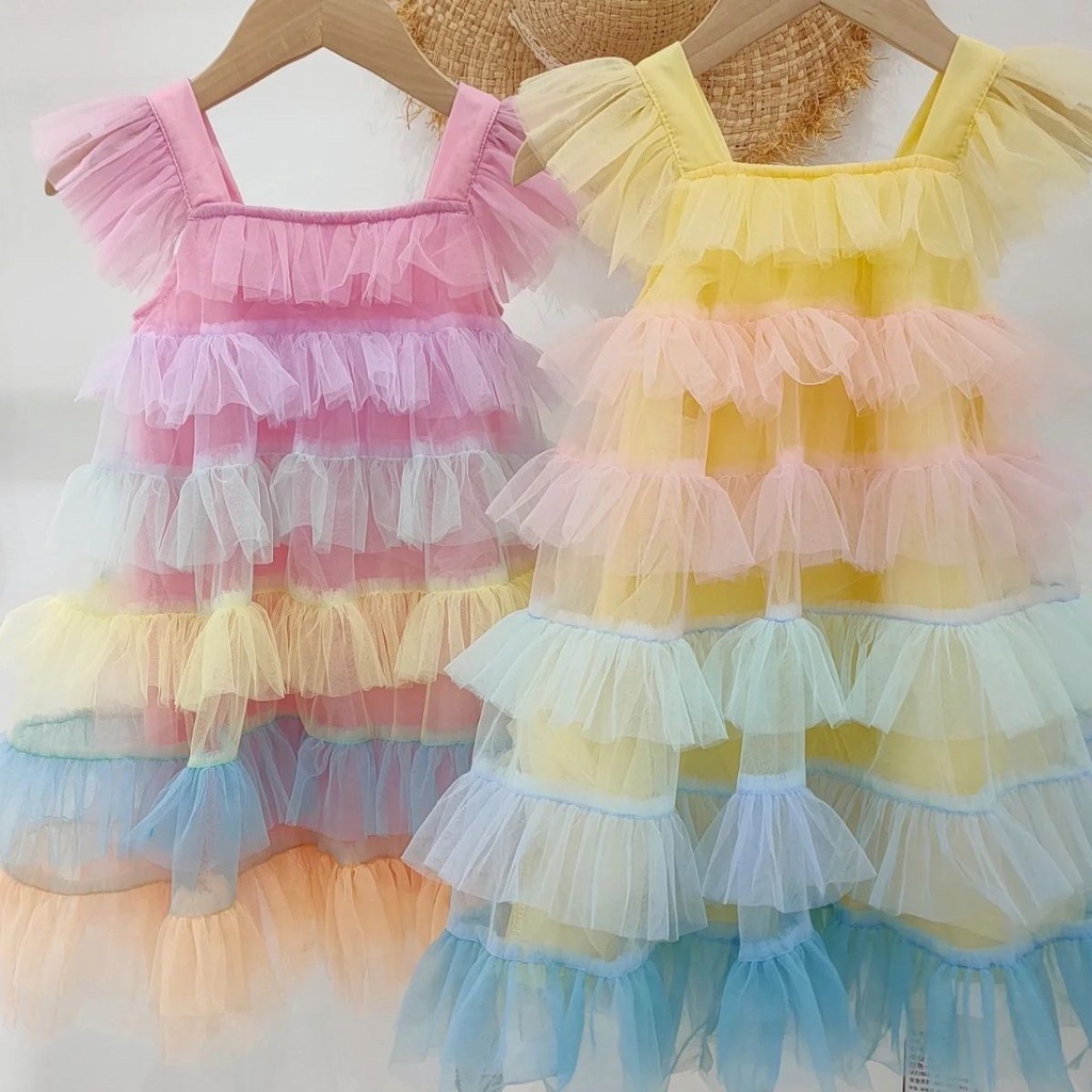 Đầm Xòe Xếp Tầng Vải Tuyn Màu Cầu Vồng Dễ Thương Thời Trang Mùa Hè Cho Bé Gái