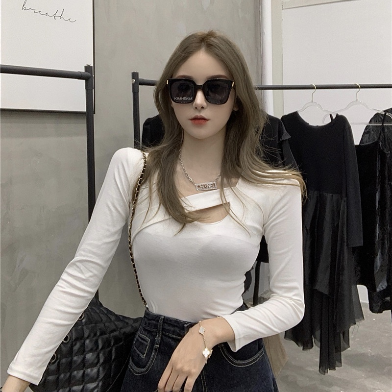 IELGY   Áo Thun Dáng Ôm Màu Trơn Khoét Rỗng Dễ Phối Đồ Thời Trang Cho Nữ