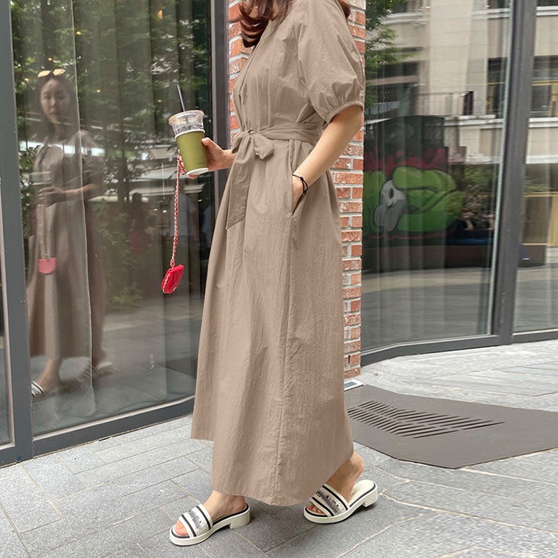 Đầm dài ZANZEA tay phồng xếp ly phối thắt lưng phong cách đường phố Hàn Quốc