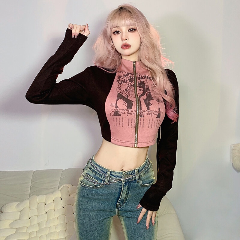 Áo croptop KLIOU ghép nối khóa kéo in hình cô gái thời trang cá tính mới 2023 dễ phối đồ