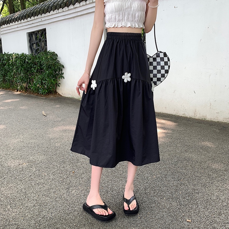 IELGY  Chân Váy Dài Lưng Cao In Họa Tiết Hoa Phong Cách Hàn Quốc Thời Trang Cho Nữ