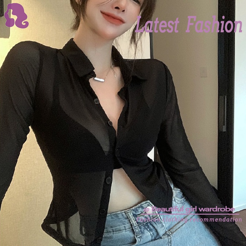 Áo Sơ Mi Màu Đen Chống Nắng Lưng Cao Dáng Ôm Trẻ Trung Quyến Rũ Dành Cho Nữ