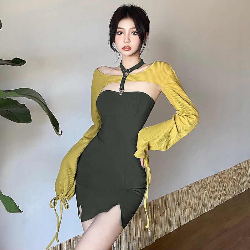 Kliou 2023 Mới  Đầm Dệt Kim Tay Dài Dáng Ôm Phong Cách Đường Phố Trẻ Trung Quyến Rũ Thời Trang Mới 2023 Dành Cho Nữ