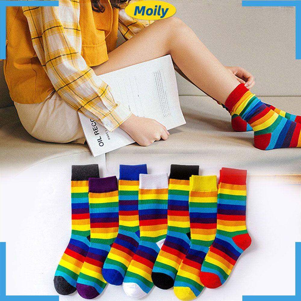 Vớ Cotton Cổ Cao Họa Tiết Sọc Ngang Nhiều Màu Sắc Đầy Cá Tính