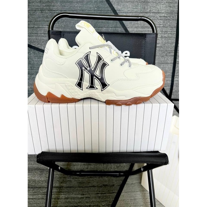 Giày sneaker mlb NY đen, Giày thể thao nam nữ NY đế nâu da bò tăng chiều cao 4cm full size nam nữ G349 Gragas Sneaker