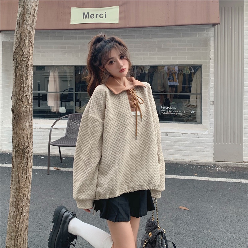 IELGY   Áo sweater Tay Dài Dáng Rộng Màu Sắc Đối Lập Phong Cách Hàn Quốc Dễ Phối Đồ Cho Nữ