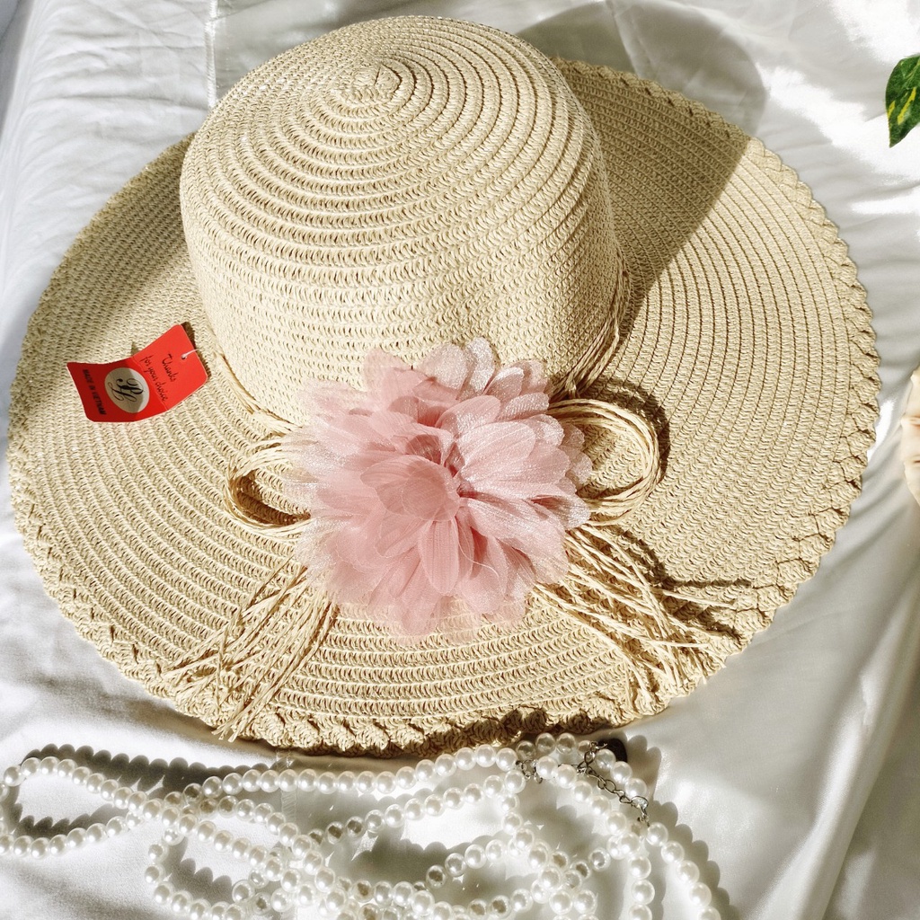 Nón cói, Mũ cói đi biển nữ vành to đẹp gắn hoa vintage -hoa to nhiều màu