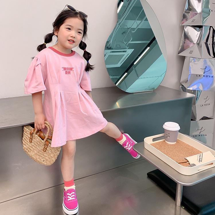 Váy hồng bé gái mùa hè V140 sz 90-130, váy cho bé cotton nhún eo hợp thời trang