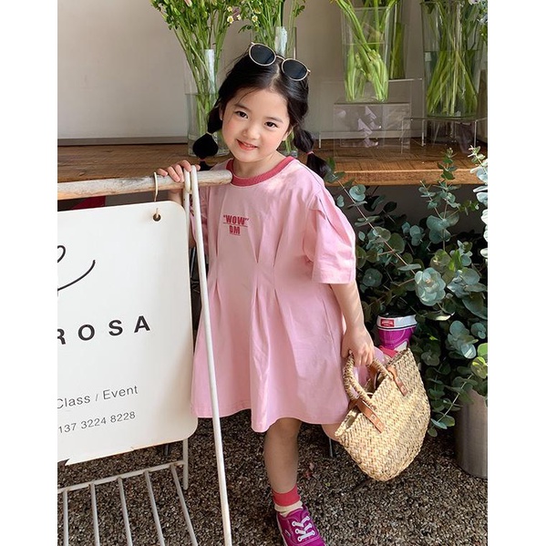 Váy hồng bé gái mùa hè V140 sz 90-130, váy cho bé cotton nhún eo hợp thời trang