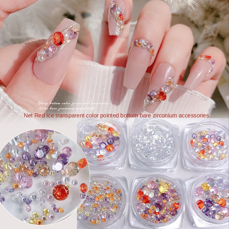 Phụ kiện trang trí móng tay zirconium màu nude đáy nhọn màu băng giá / Phụ kiện đính đá siêu lấp lánh / Bộ khoan trang sức móng tay lớn và nhỏ