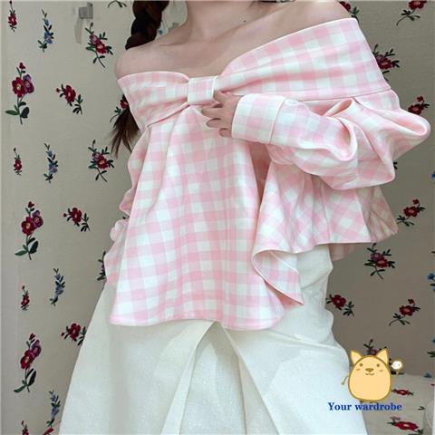 One Áo Sơ Mi Ca Rô Trễ Vai Thắt Nơ Xinh Xắn Theo Phong Cách Mùa Xuân 2023