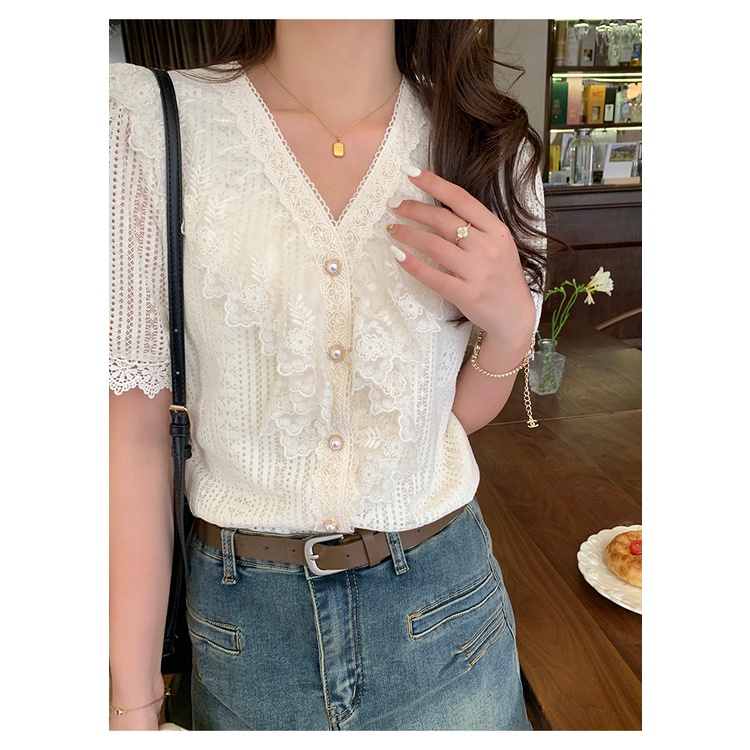 SUXI Áo Sơ Mi Nữ Tay Ngắn Cổ Chữ V Phối Ren Phong Cách Hàn Quốc Thời Trang Mùa Hè