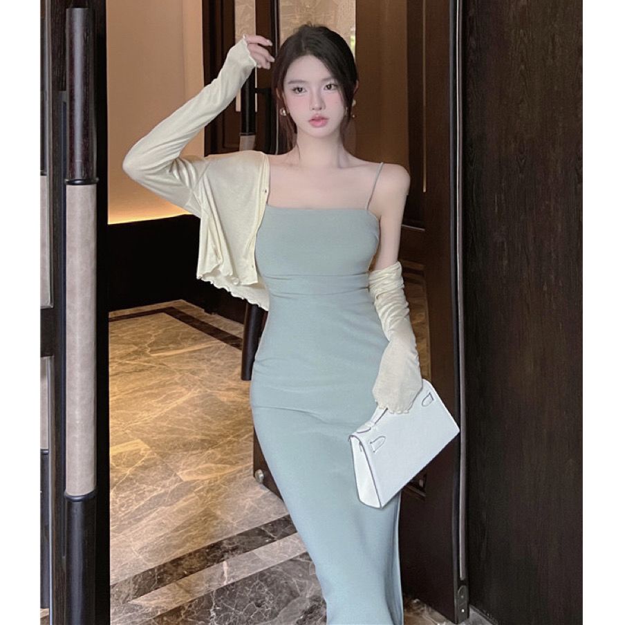 New elegant French gentle dress set with flesh-covering suspender skirt slimming hip-covering long skirt short coat OKBC