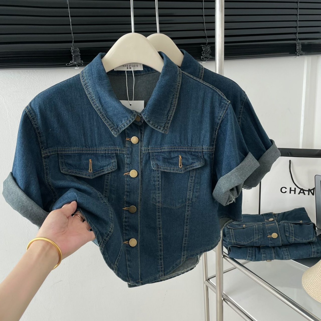 Áo Sơ Mi Denim Tay Ngắn Phong Cách Hàn Quốc Thời Trang Xuân Thu 2023 Cho Nữ