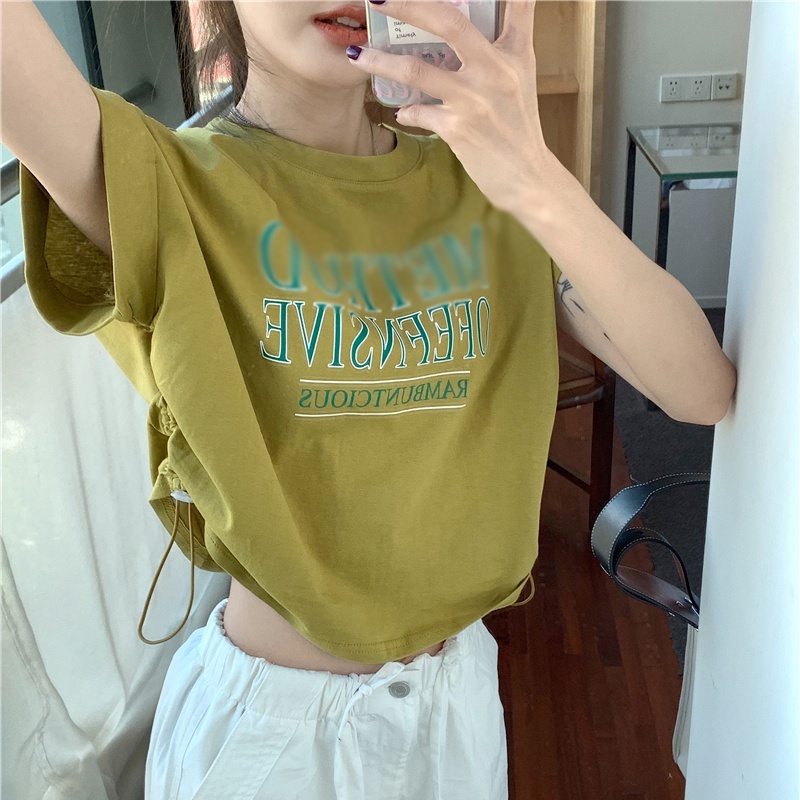 IELGY  Áo Thun Xám Tay Ngắn Phối Dây Rút In Họa Tiết Thời Trang Cho Nữ