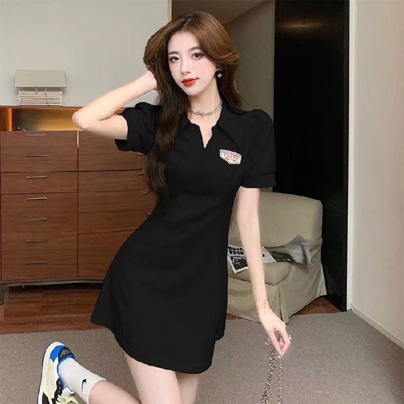 Đầm polo Xiang Nian Ni dáng chữ A ngắn tay ôm eo in chữ thời trang cho nữ