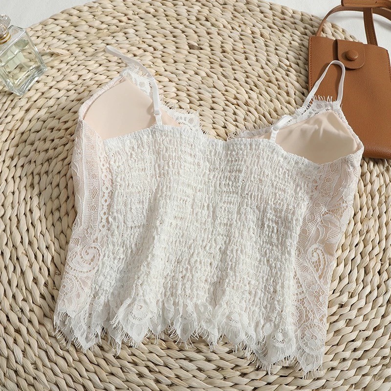 Áo Hai Dây Cúp Ngực Bằng Da Phối Ren Ôm Ngực Phong Cách Pháp Thanh Lịch Gợi Cảm