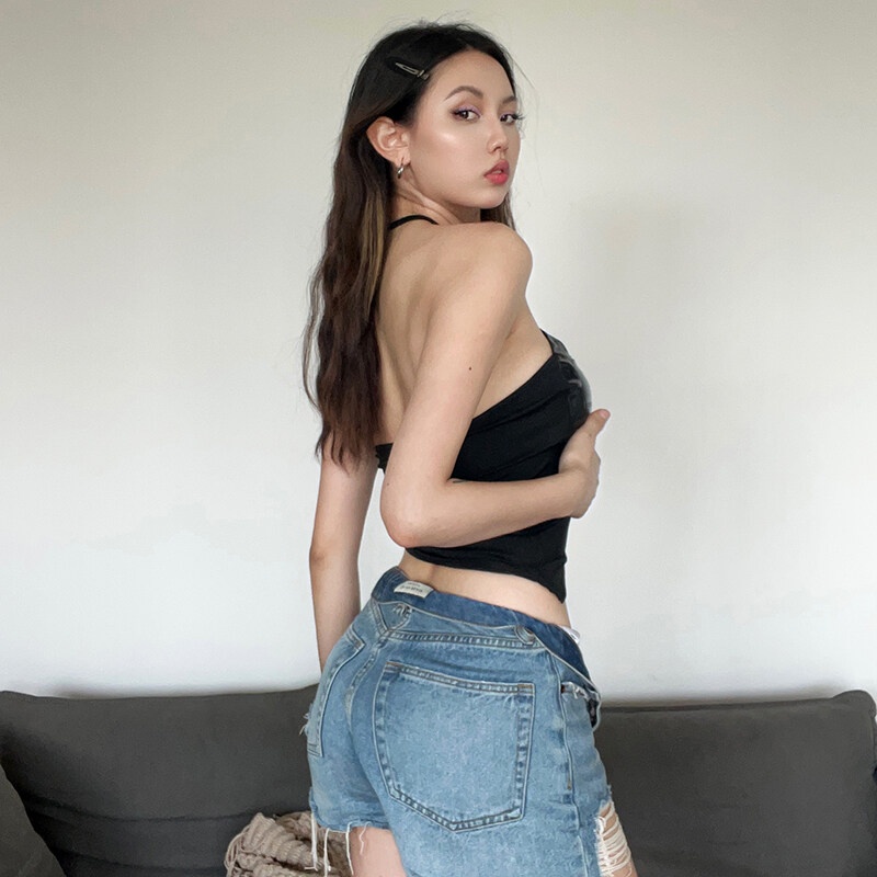 Kliou 2023 Mới Áo Tank Top Kliou 2023 Màu Đen Nhám Ôm Dáng Phong Cách Đường Phố Quyến Rũ Cho Nữ