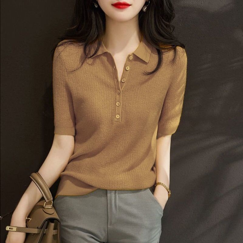 Áo Thun polo Dệt Kim Tay Ngắn Vải Lụa Lạnh Mỏng Thời Trang Mùa Hè Cho Nữ