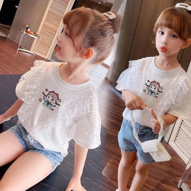 Áo Thun Cotton Tay Ngắn Phối Lưới Dáng Rộng In Hoạt Hình Thời Trang Hè 2023 Xinh Xắn Cho Bé Gái