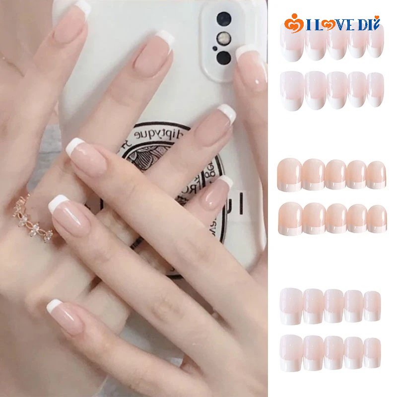 Bộ 24 móng tay giả viền trắng / đen xinh xắn có thể tháo rời cho nữ