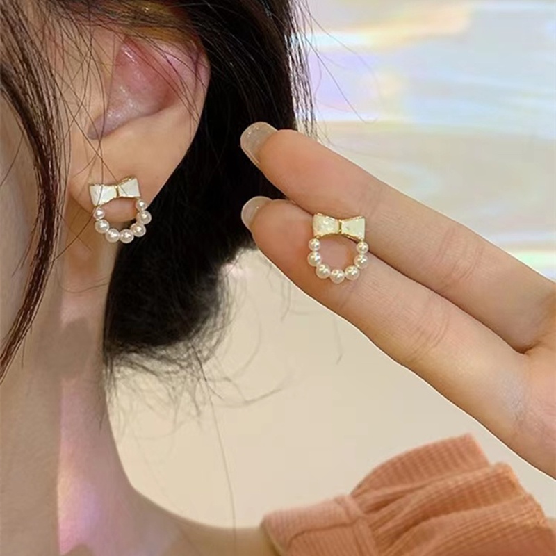 Khuyên Tai Hình Nơ Đính Ngọc Trai Nhân Tạo Kiểu Dáng Sang Trọng Thời Trang