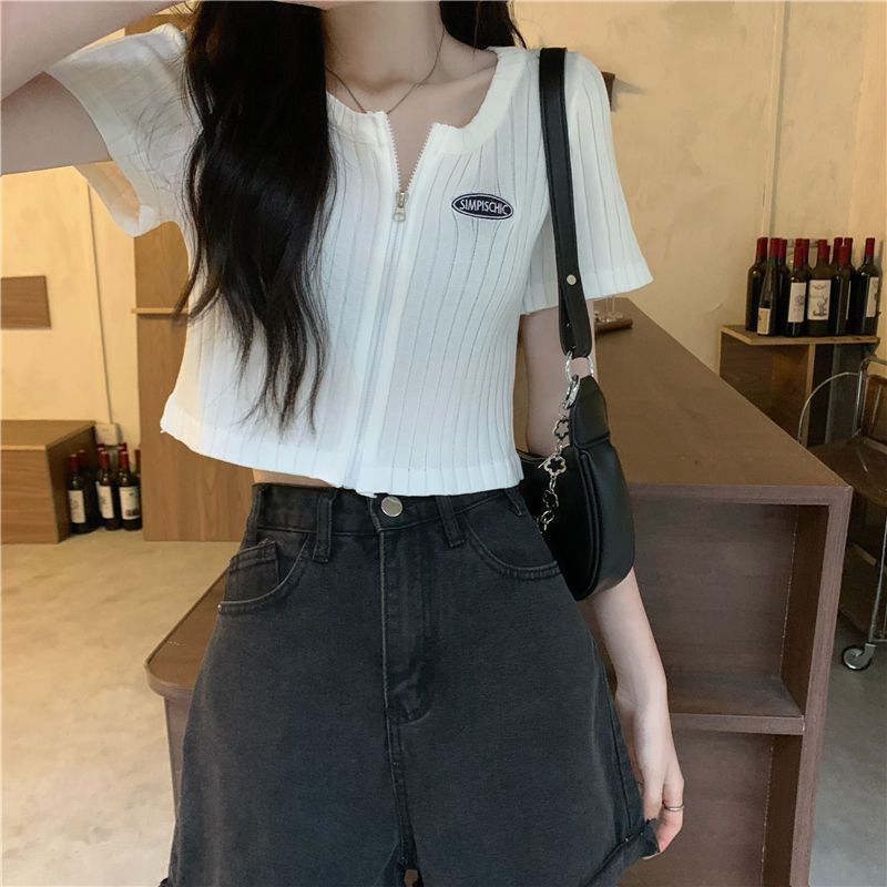 Áo Dệt Kim Tay Ngắn Phối Khóa Kéo Thời Trang Mùa Hè Cho Nữ