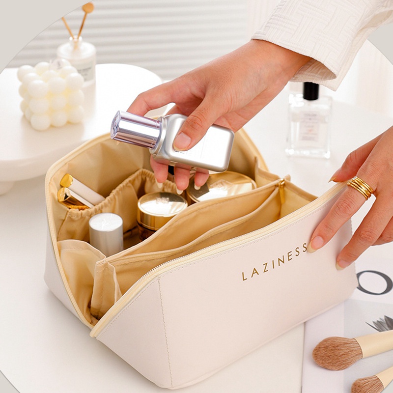 Túi Đựng Mỹ Phẩm Da Pu Màu Nâu Cỡ Lớn Thời Trang Tiện Dụng Mang Theo Du Lịch Cho Nữ