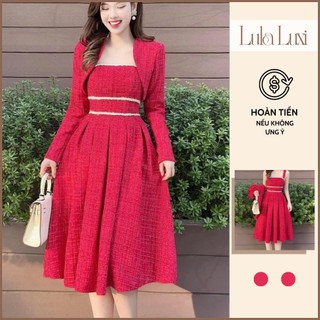 Đầm Dạ Hai Dây Kèm Áo Khoác Màu Đỏ Set Đầm Dài Qua Gối Phong Cách Tiểu Thư Sang Chảnh Hot Trend Lula Luxi 175