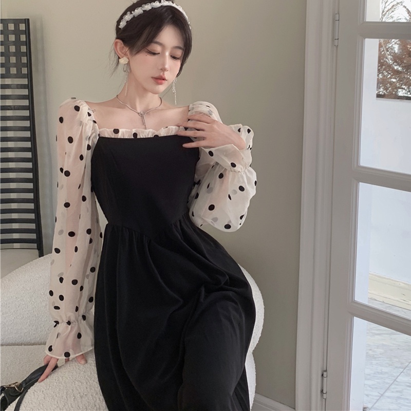 IELGY  Đầm Tay Dài Phối Lưới Dáng Ôm Phong Cách retro Pháp Thanh Lịch Dành Cho Nữ