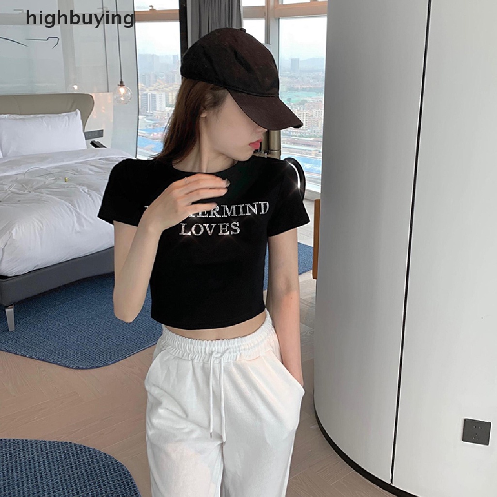 Áo Thun Croptop Ngắn Tay Cổ Tròn In Chữ Đính Đá Lấp Lánh Phong Cách Retro Cho Nữ