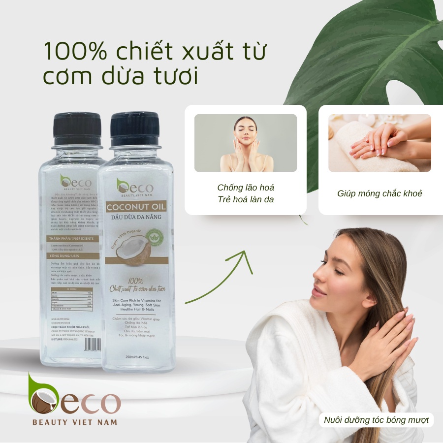 Dầu dừa đa năng Beco Beauty Vietnam giúp dưỡng ẩm cho da khô, dưỡng tóc, dùng massage mặt và body - 250ml | BigBuy360 - bigbuy360.vn