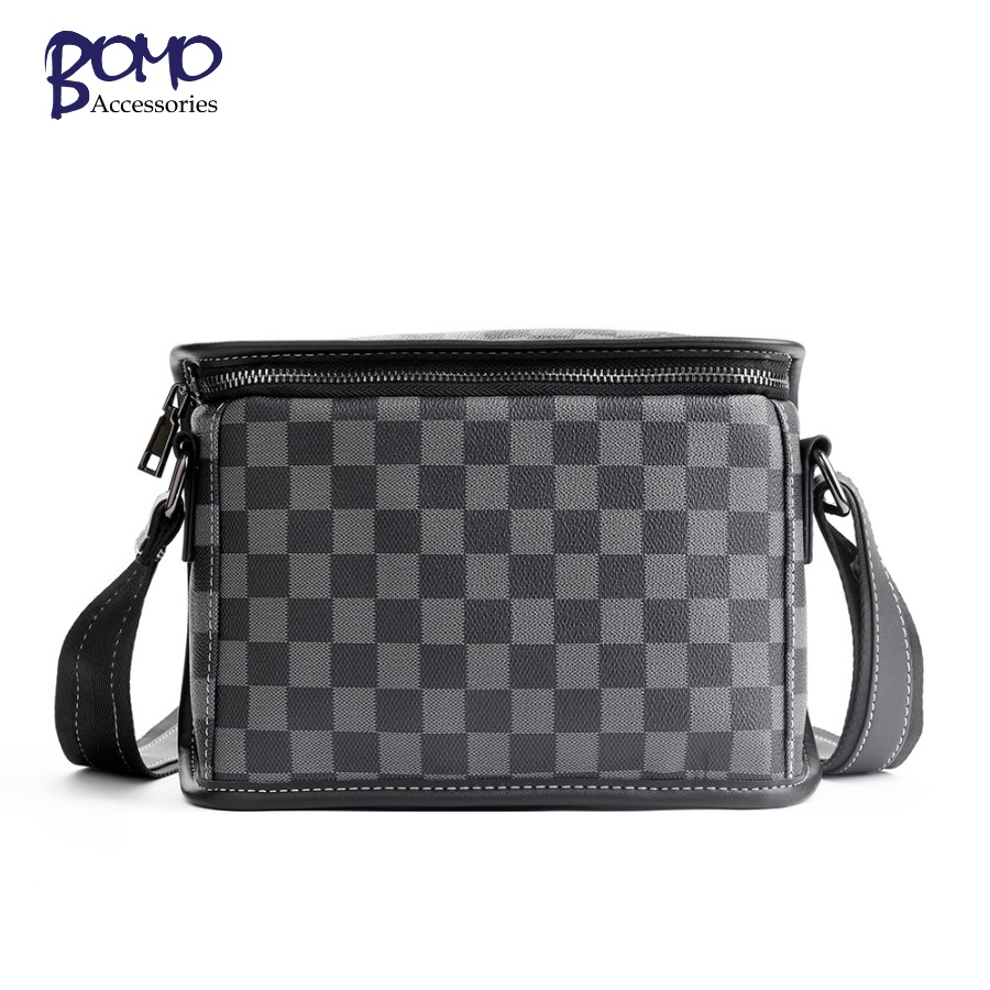 Túi đeo chéo đeo vai nam dạng hộp vuông ngăn siêu rộng da pu đen trơn kẻ caro cao cấp chống nước thời trang BOMO