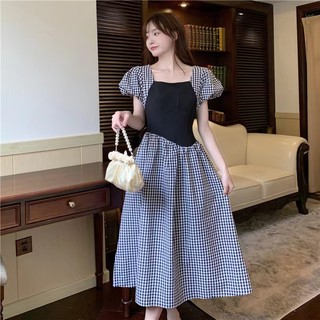 Đầm Dáng Chữ A Cổ Vuông Tay Phồng Họa Tiết Kẻ Sọc Màu Sắc Tương Phản Thời Trang Mùa Hè Xinh Xắn Cho Nữ