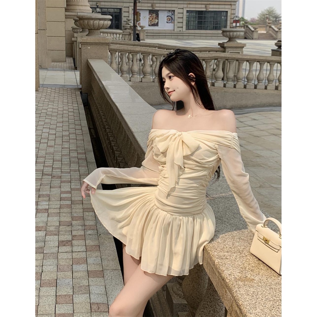 Đầm Tay Dài Lưng Cao Cột Dây Thời Trang Mùa Hè Xinh Xắn Cho Nữ