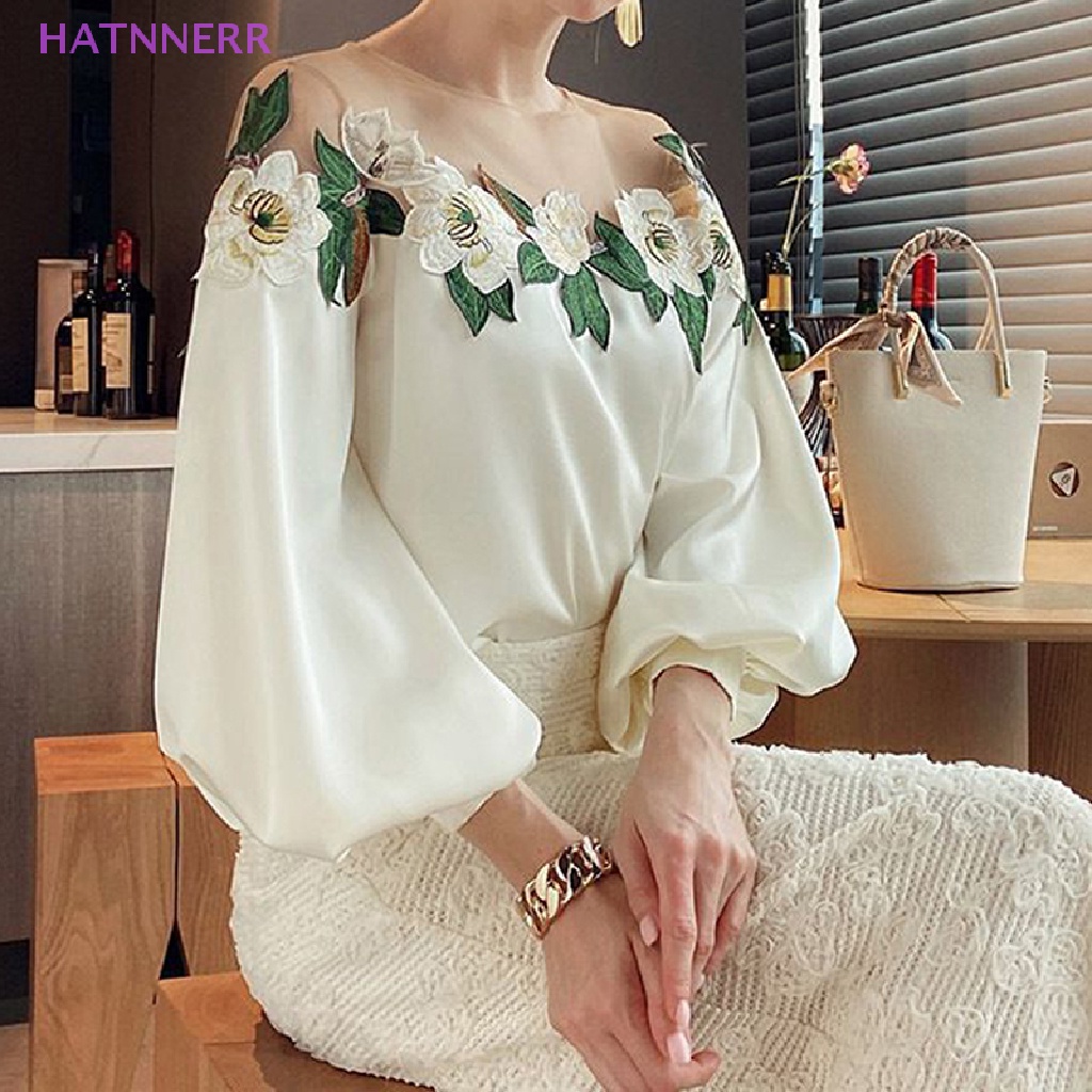 Áo Sơ Mi Crop Top Tay Dài Dáng Rộng Phối Lưới Thêu Hoa Ngọt Ngào FHS
