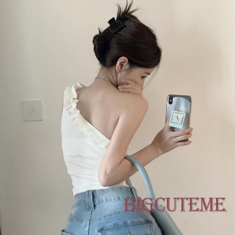 [] Áo Crop Top Không Tay Một Bên Vai Có Gân Ôm Dáng Màu Trơn Mùa Hè Cho Nữ
