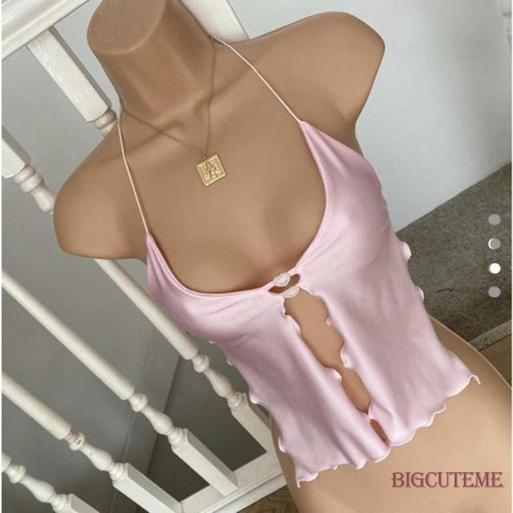 [] - Áo Crop Top Hai Dây Màu Trơn Buộc Dây Trước Ngực Hở Lưng Ôm Dáng Mùa Hè Màu Hồng / Đen Cho Nữ