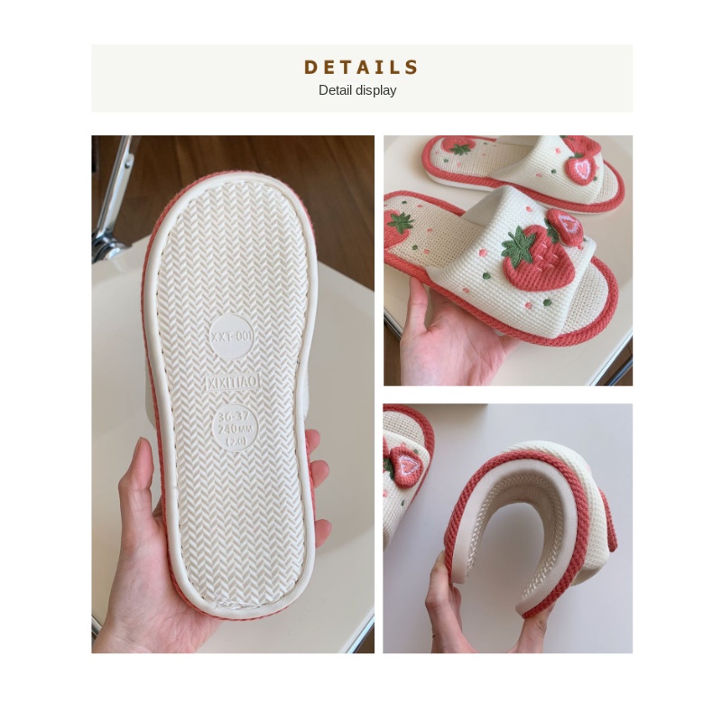 [Dâu Tây Em Yêu Thích] Dép Đi Trong Nhà Đế Mềm Bằng Vải Lanh Họa Tiết Dâu Tây Ngọt Ngào Phổ Biến