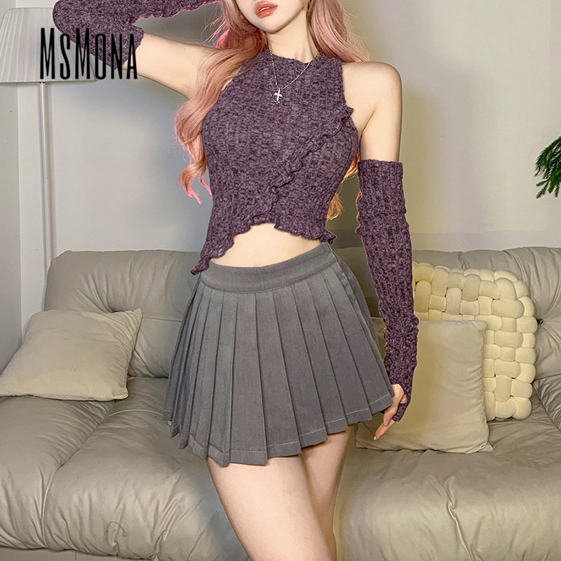 MsMona Áo Thun Cổ Tròn Dáng Ôm Màu Trơn Thời Trang 2023 Quyến Rũ Cho Nữ