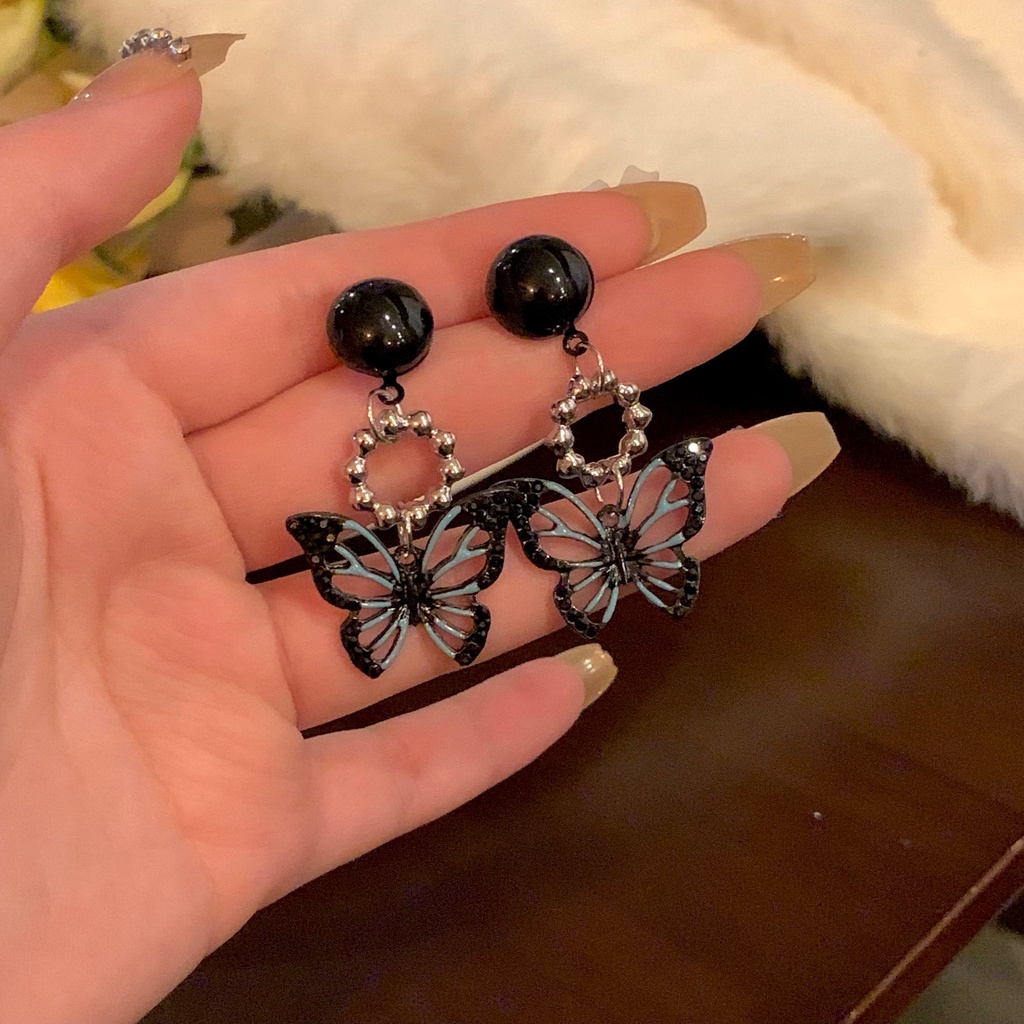 Bông Tai Bạc 2022 Họa Tiết Bướm Màu Đen Ngọt Ngào Phong Cách retro