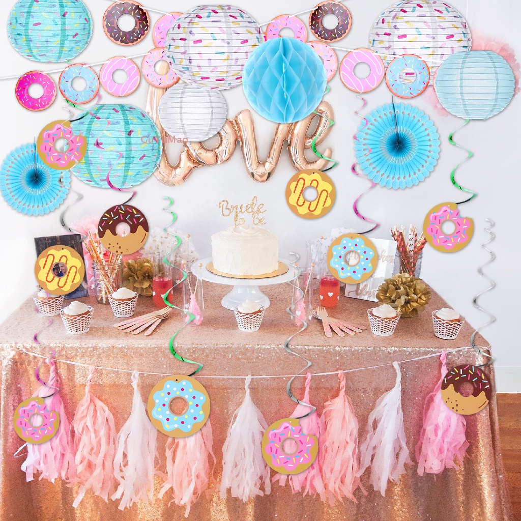 Bộ 23 Cái Đèn Lồng + 4 Vòng Hoa Hình Bánh Donut + 6 Cái Cho Trang Trí Tiệc Sinh Nhật