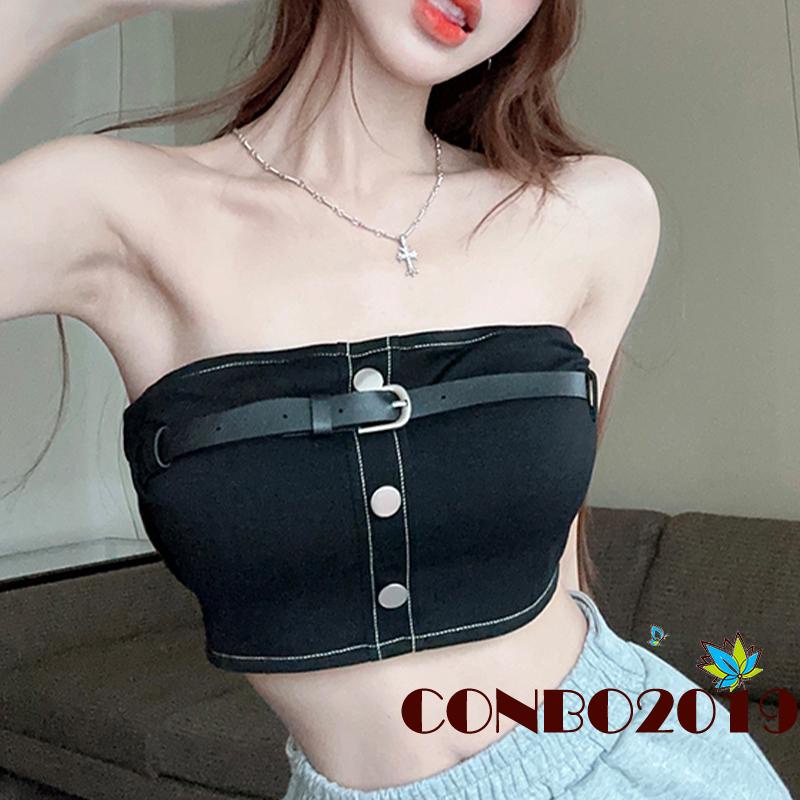 Áo Croptop Không Dây Dáng Ôm Cài Nút Kim Loại Phía Trước Thời Trang Cho Nữ