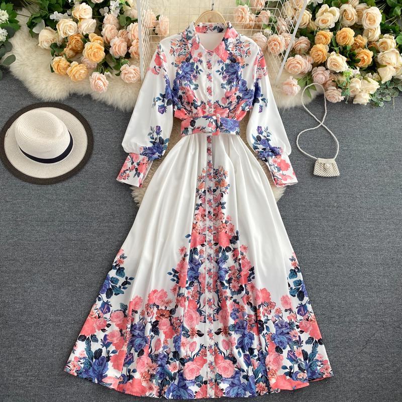 Đầm Dài Tay Phồng Cổ Bẻ In Họa Tiết Phong Cách Retro Mẫu Mới 2020